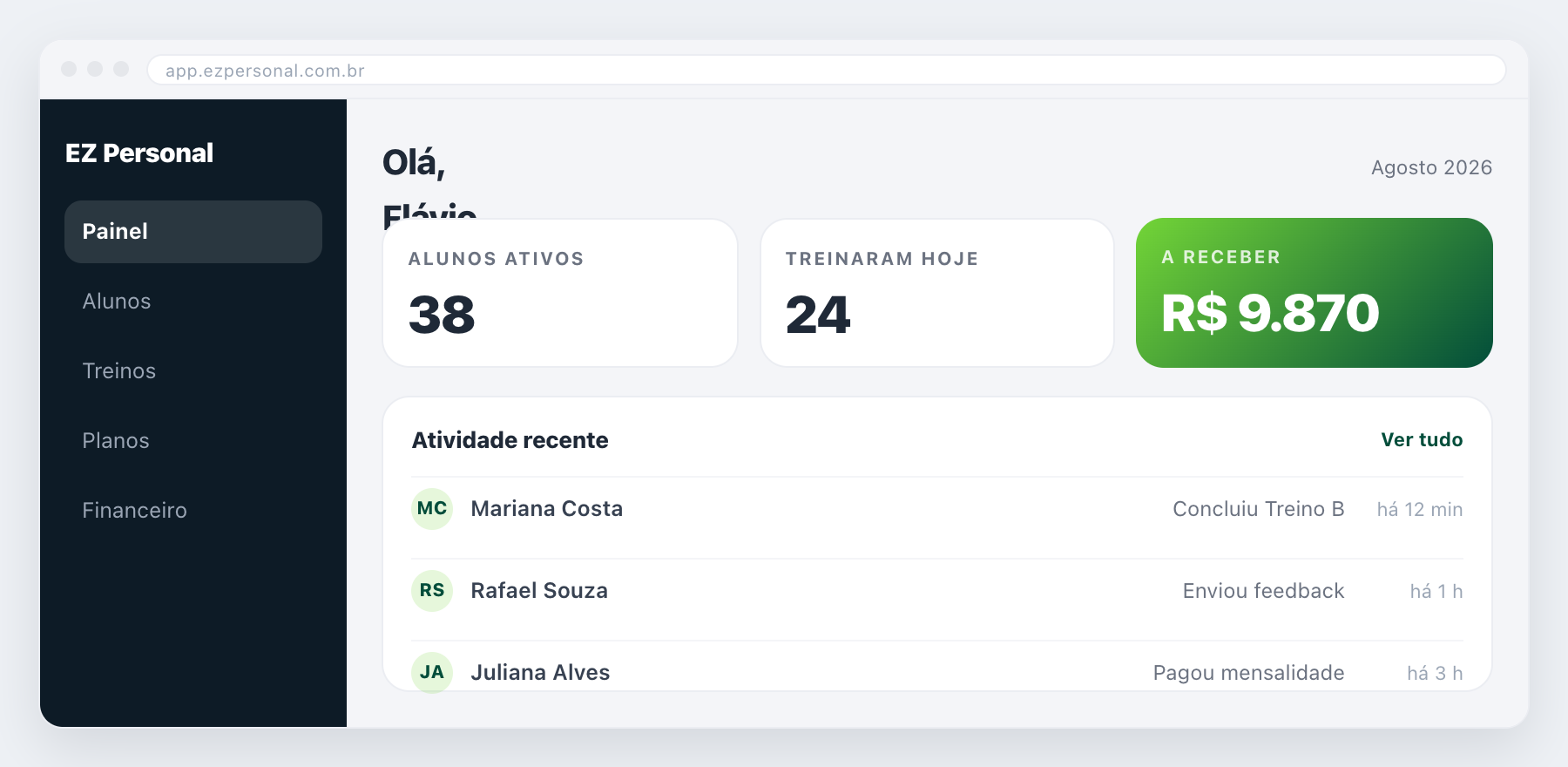 Dashboard EZ Personal mostrando painel de alunos, receita e acompanhamento
