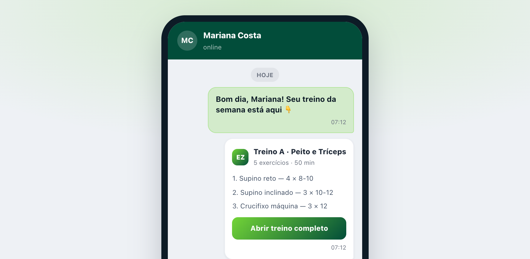 WhatsApp com treino enviado ao aluno