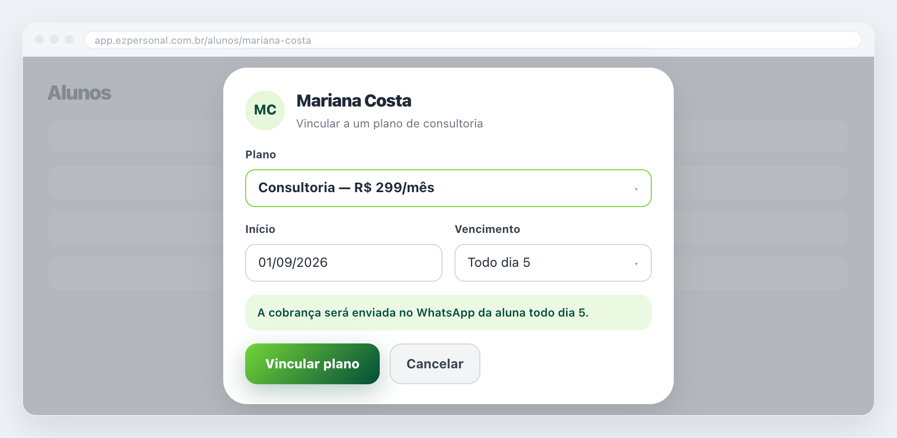 Vinculação de aluno ao plano contratado